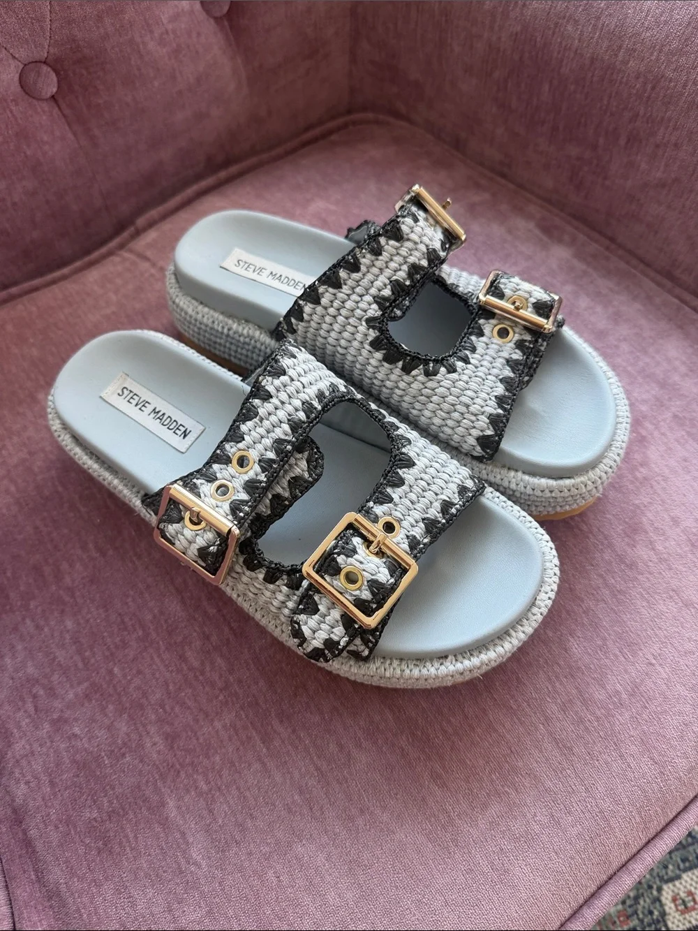 Steve Madden light blue & navy/black woven Dual Buckle Slide Sandals